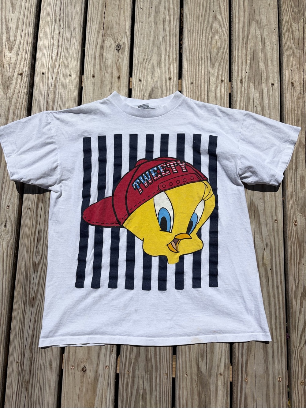 Vintage 90s Looney Tunes Tweety Gym Cartoon T-Shirt OSFA L XL Single Stitch Flaw